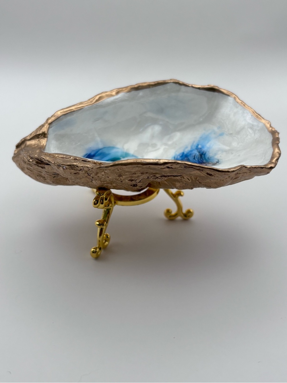 Mermaid Oyster Shell Trinket Dish - Blue and Gold - Picture 3 of 6